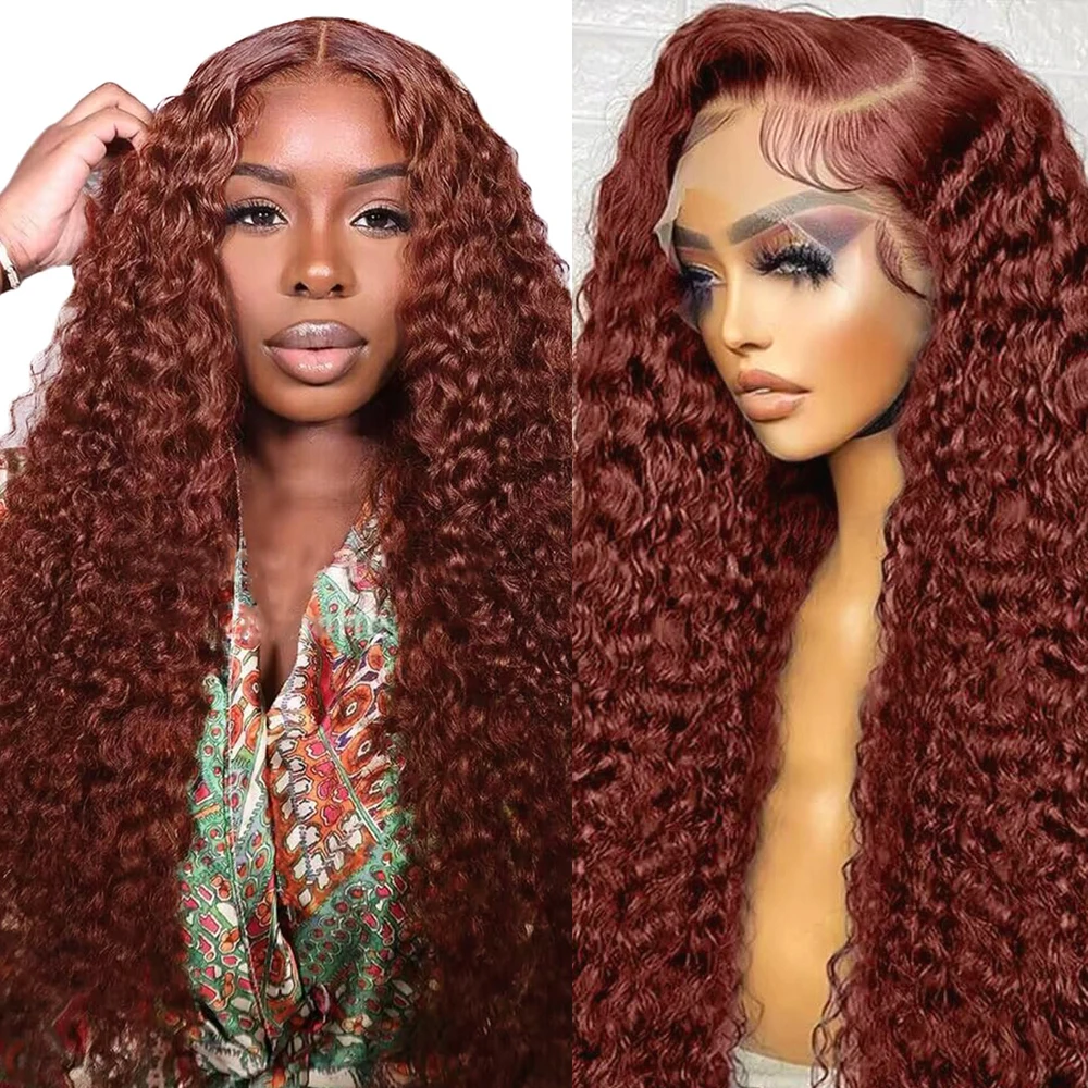 Reddish Brown 13x4 Lace Frontal Wig Human Hair 13x6 Curly Deep Wave Lace Front Wigs HD Pre Plucked 200 Density 33# Wig for Women