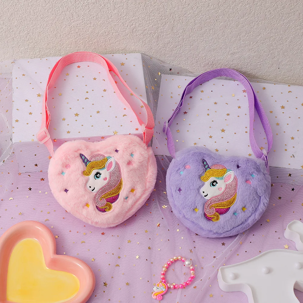 Lovely Heart Shape Handbags For Girls Embroidery Unicorn Kids Shoulder Bag Baby Girl Mini Purse