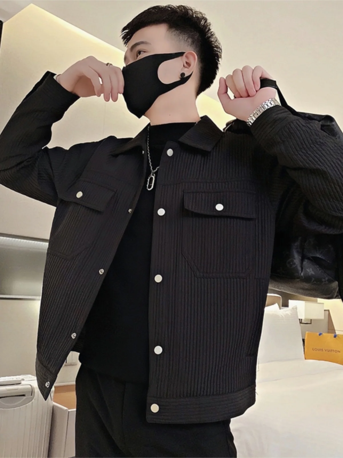 

Мужская куртка Bla Stripe с подплечниками, осенняя, для зрелых мужчин, премиум-класса, с крутым воротником, рабочая одежда, молодежный тренд