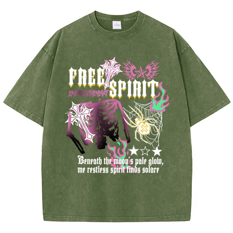 Free Spirit Colorful Skeleton Cobweb Printing Womans Washed T-Shirts Soft Loose Breathable Cotton Tops Summer Female Clothes