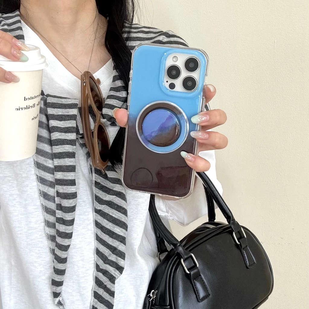 

Personality Advanced Blue Brown Gradient With Holder Magnetic Wireless Charging Phone Cover Case for iPhone 16 15 14 13 Pro Max