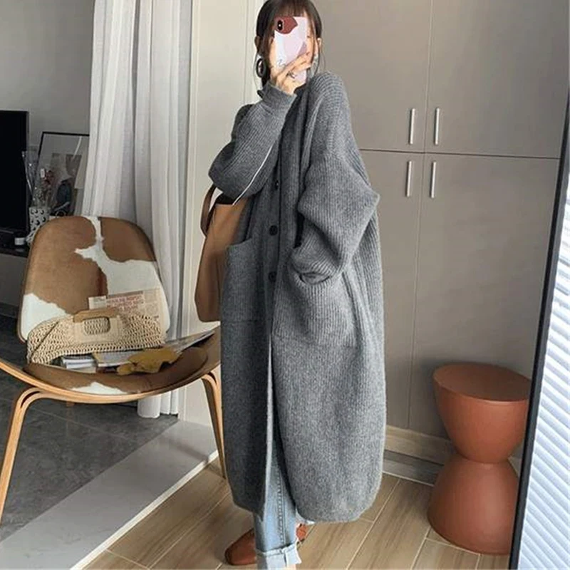 

Autumn Winter Thickened Knitted Sweater Maxi Casual Elegant Loose Coats Korean Oversized O050 Long Turtleneck Cardigans Women