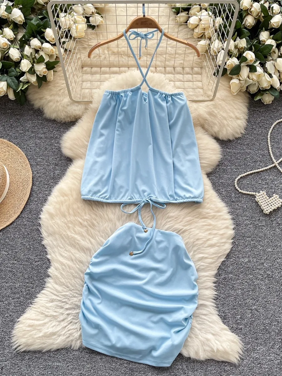 

Foamlina Summer Women's Sleeveless Halter Bandeau Top Vest + High Waist Bodycon Mini Short Skirt Two Piece Set Trendy Outfit