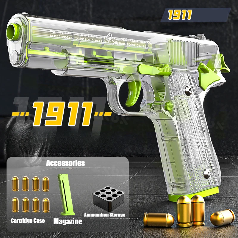 Pistola expulsora de carcasa transparente, modelo de pistola no empotrada con estuche para cartuchos de revistas, pistola de juguete para niños, regalos de cumpleaños y Navidad, 1911