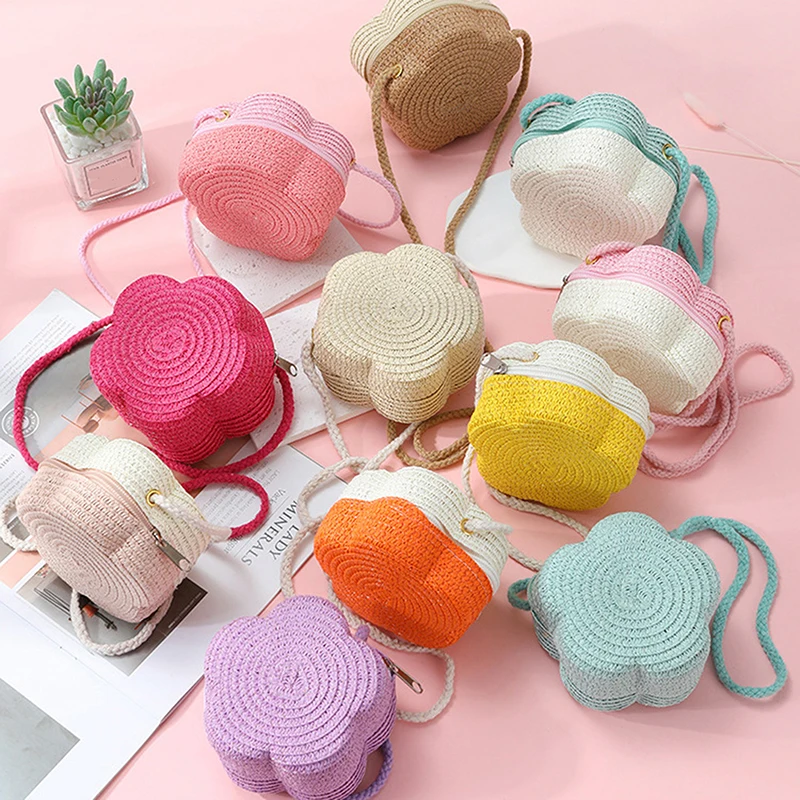 

Floral Decor Straw Messenger Bag Cute Girls Mini Coin Purse Children Daily Shoulder Bag