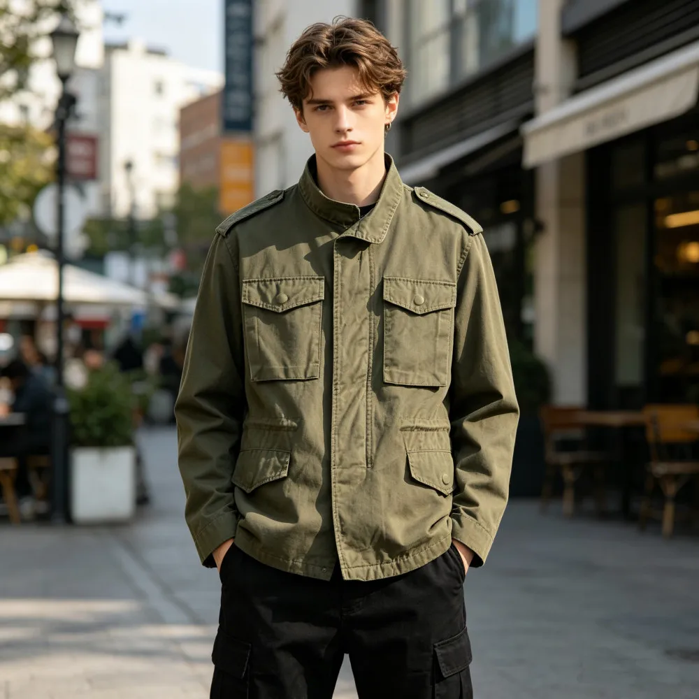 American M65 Field Jacket Retro Tooling Style Multi Pocket Lapel Collar Zipper Jacket Casual Men's Military Tactical Jacket Coat