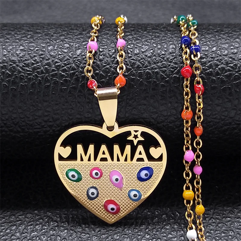 Love Heart Mama Necklace for Women Child Stainless Steel Gold Color Colorful Chain Family Jewelry Mother's Day Gift N6442S02