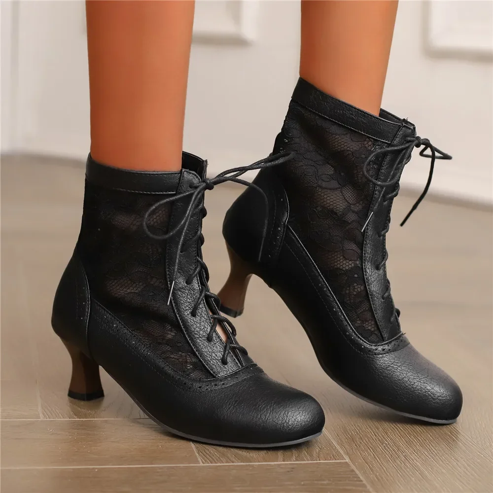 

New Lace Up Victorian Ladies High Heel Shoes Strange Steampunk Boot Stitching lace Ankle Boots Women Thick Soled Short Boots