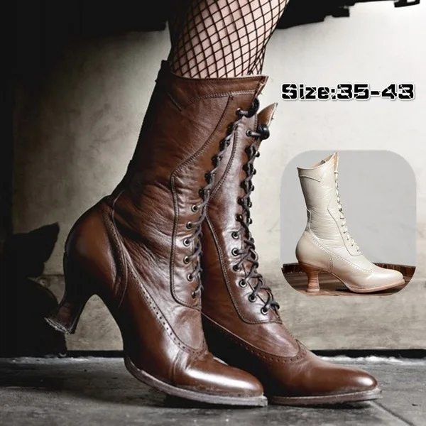 British pointed lace-up mid-heel women's boots with wine glass heels and cavalry boots for women sizes 40-43 (large)