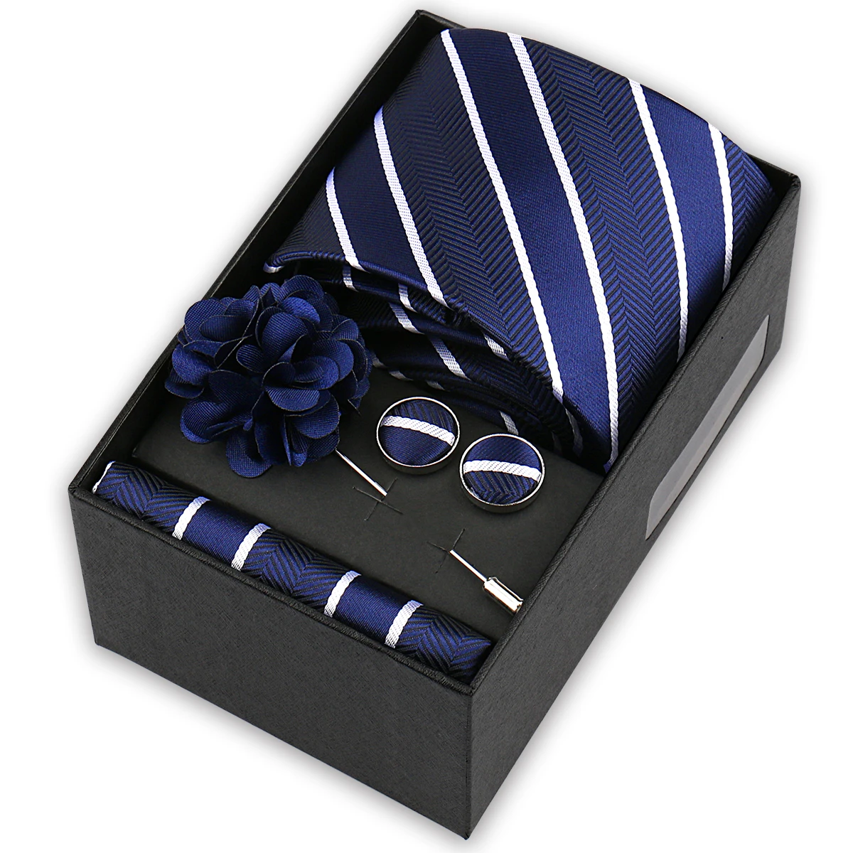 Brand Design Tie Handkerchief Cufflink Clip Set For Men Silk Necktie Holiday Gift Box Blue Gold Suit Accessories Wedding Gravata