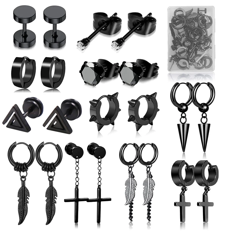 1 /11 Pairs Punk Stainless Steel Stud Earrings Black Earrings Set For Men Women Vintage Hip Hop Piercing Ear Jewelry Accessories