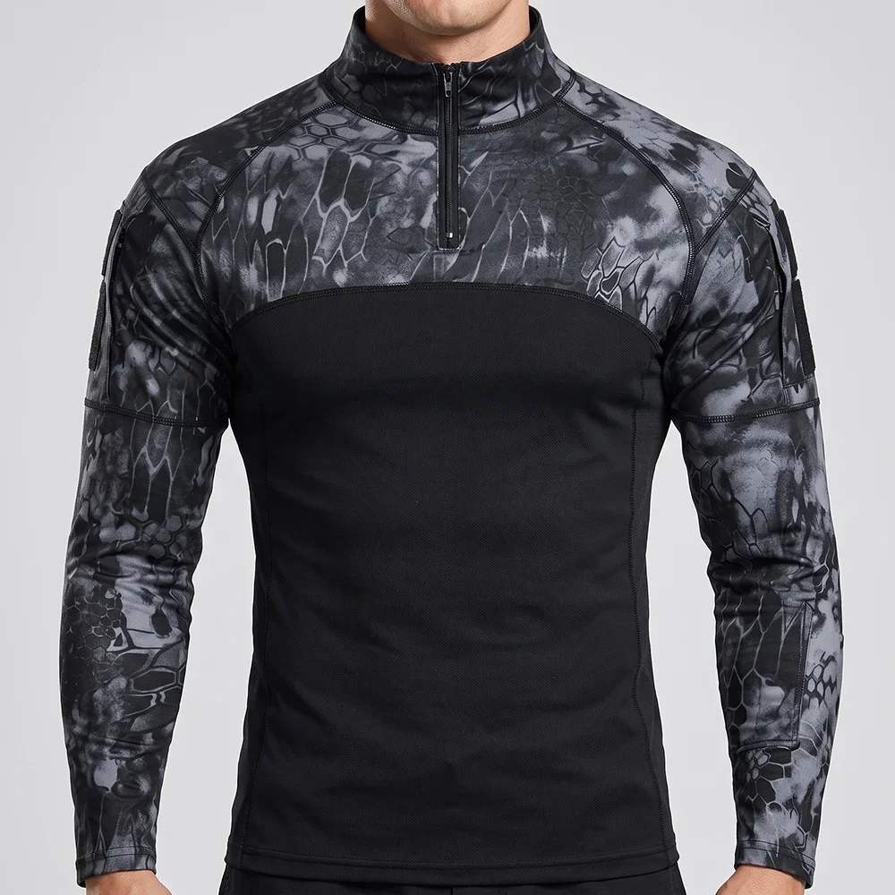 Men's Tactical Long Sleeve Shirt 1/4 Zip Mock Neck Military Combat Shirt Python Camo Outdoor Hunting Airsoft Paintball Shooting