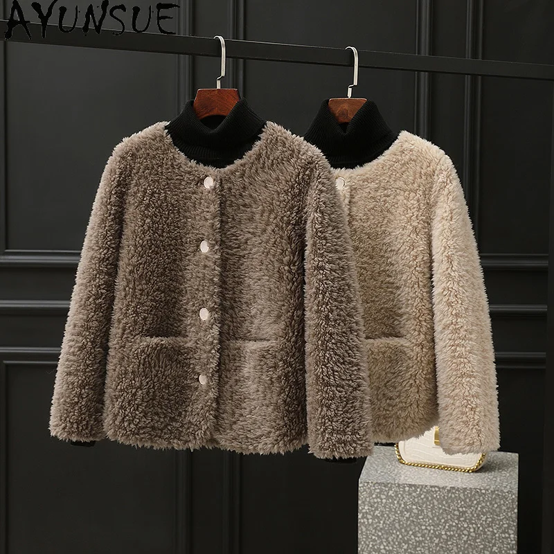 معطف صوف 100% من AYUNSUE للنساء 2025 جاكيت شيرلينغ من الحبوب ملابس الخريف والشتاء للسيدات كوري palldtt Жengarško فرو مركب
