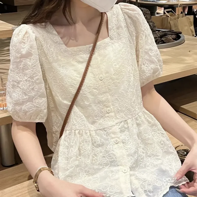 

Fre Lace Pure Color ort Sve Women's irt Summer 2026 New Retro Sweet Open Cardigan Bubble Sve Top Commute Sle Lo...