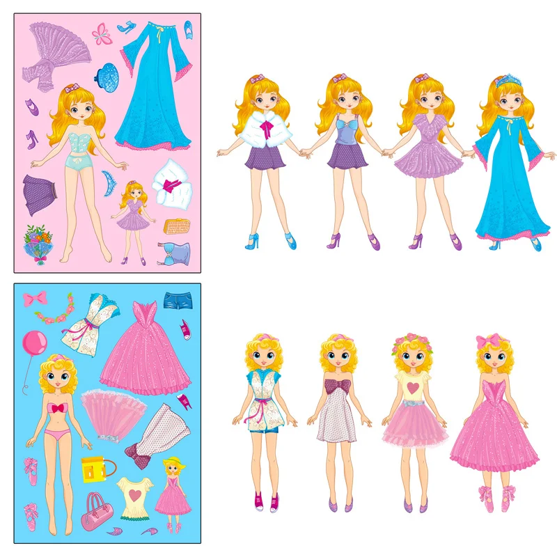 6-24Sheets Princess Dress-Up DIY Stickers for Kids Create-A-Face Sticker Pad Make Your Own Girls Puzzle Jigsaw Party Supplies