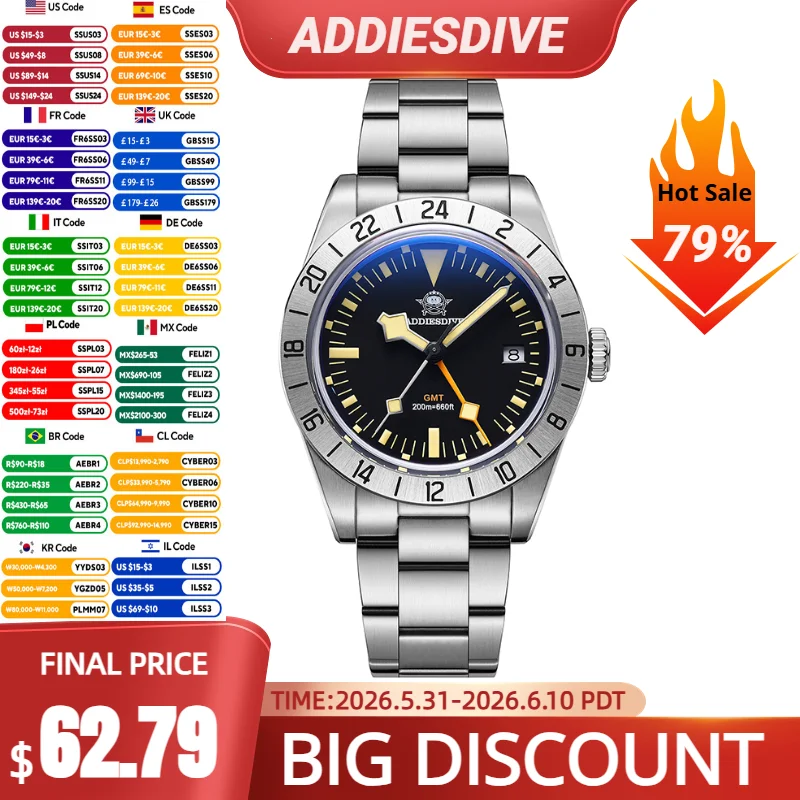 

ADDIESDIVE Men's Watch GMT Swiss Ronda 515-24H Quartz Watch Bubble Mirror Glass Stainless Luminous 200M Waterproof Analog Watch