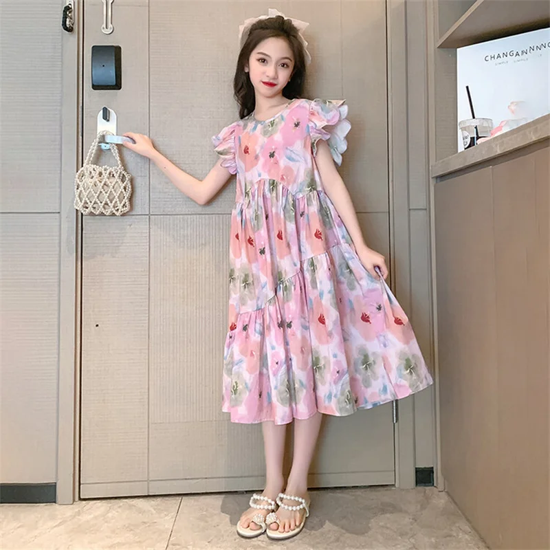 Girls Summer Dress 2024 New CuHK children Korean children\'s Western style floral dress 6-12 years old 15 years old