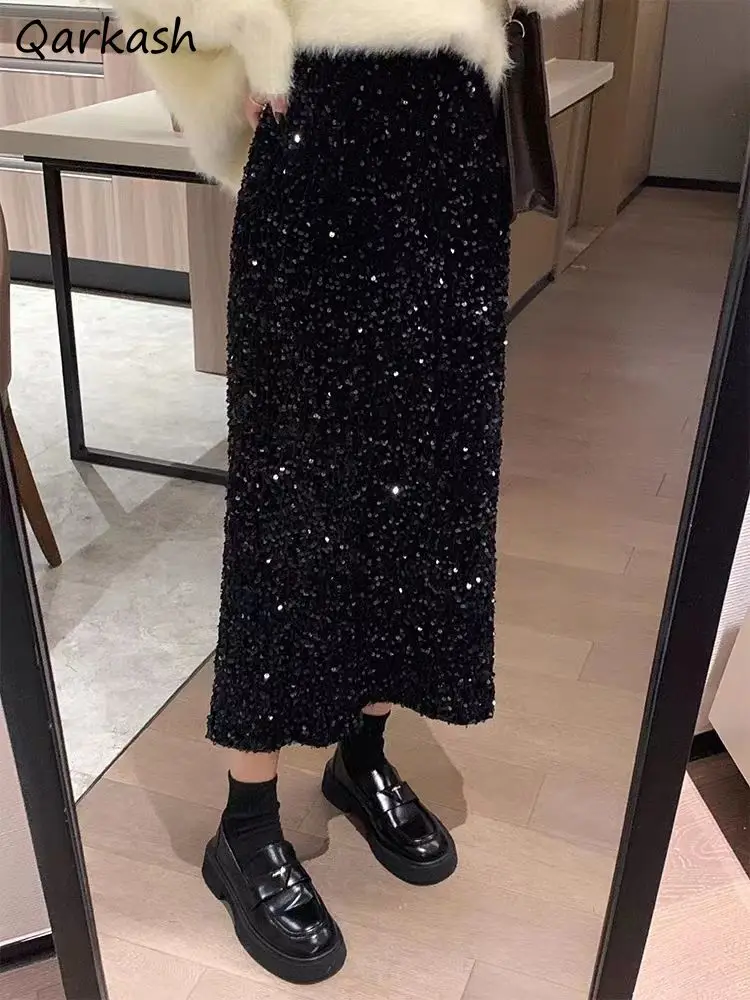 Sequined Midi Skirts Women High Waist Autumn Winter A-line Elegant for Ladies Black All-match Fashion Streetwear Bling Vintage