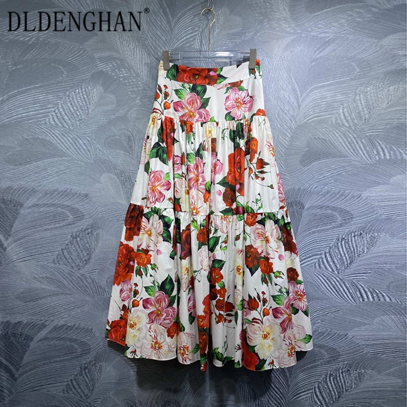 DLDENGHAN Rose Floral Print Cotton Skirt For Women High Waist Vintage Long Skirt Fashion Summer Runway New