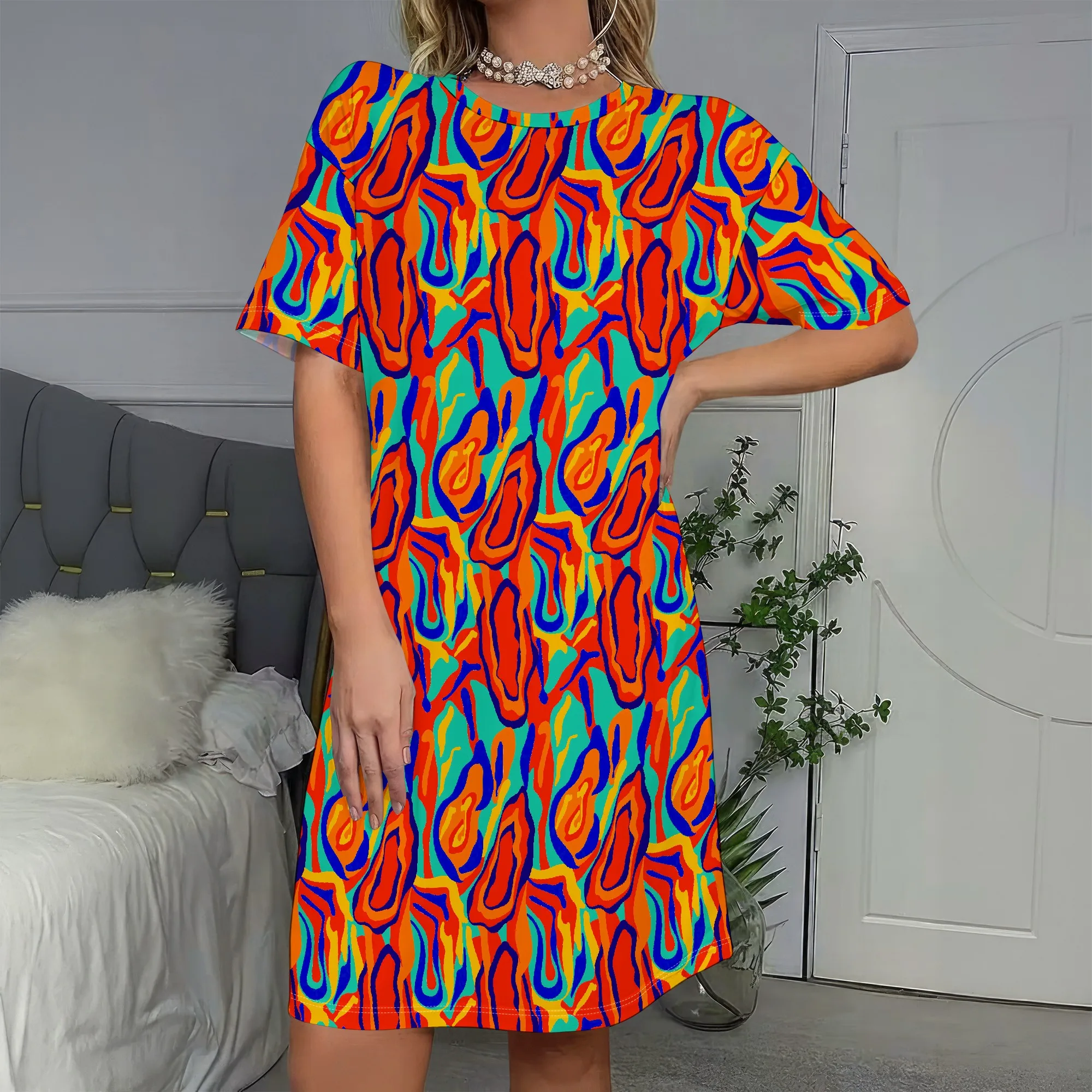 

Vibrant Abstract Print, Short Sleeve T-Shirt Dress, Colorful Flame Pattern, Loose Fit Summer Casual Wear, S-2XL