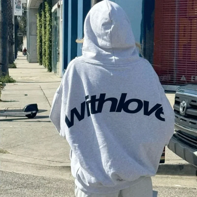 Men's With Love Cursive Text Graphic Hoodie Sweatshirt Oversized Streetwear Pullover Casual Autumn Winter Hooded Top
