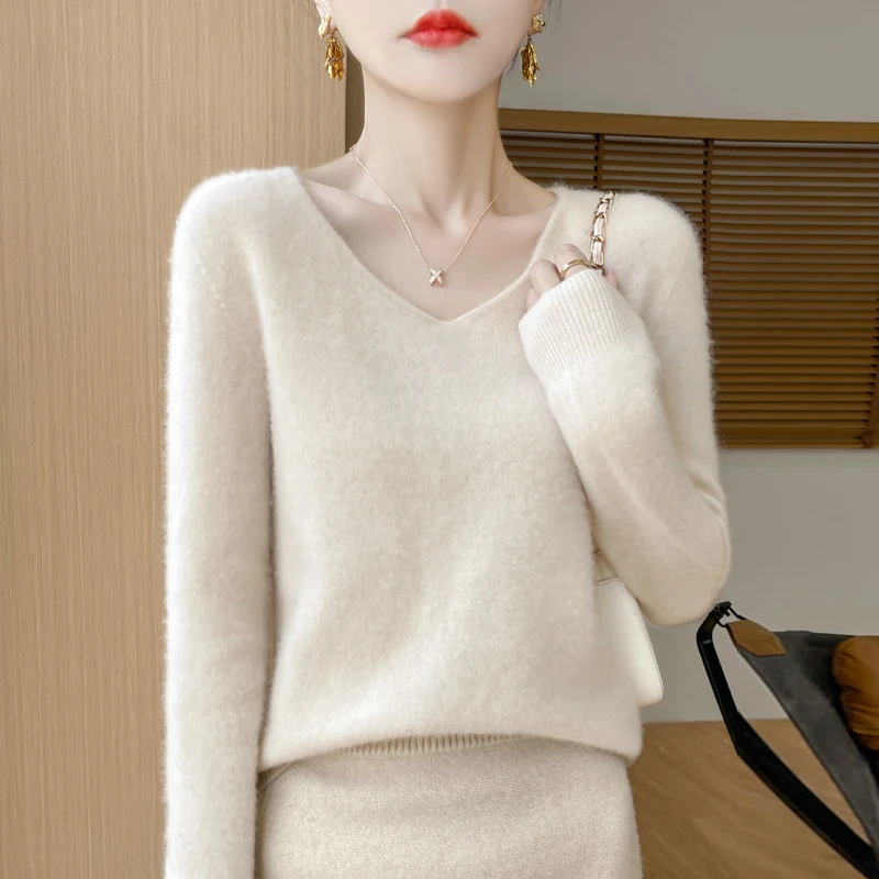 100% Wool Sweater Women V-neck Solid Long Sleeve Top Autumn Winter Fashion Elegent Knit Basic Female Warm Soft Pullover Jumper