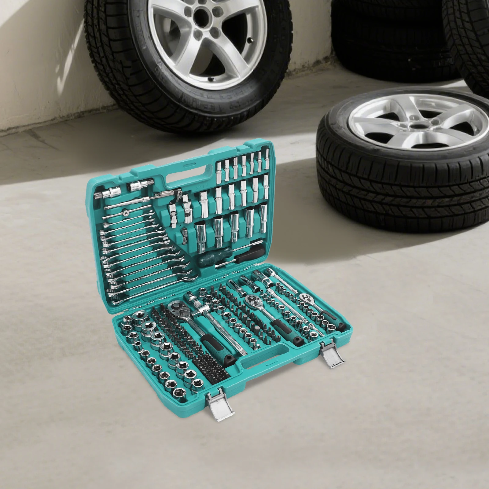 ชุดด้ามขันหัวต่างๆ, ชุดประแจบล็อก, กล่องประแจแบบมีวงล้อ 216 ชิ้น, เหล็กโครเมียมวานาเดียม, ผ่านการอบชุบ, ผิวขัดเงา, ป้องกันสนิม