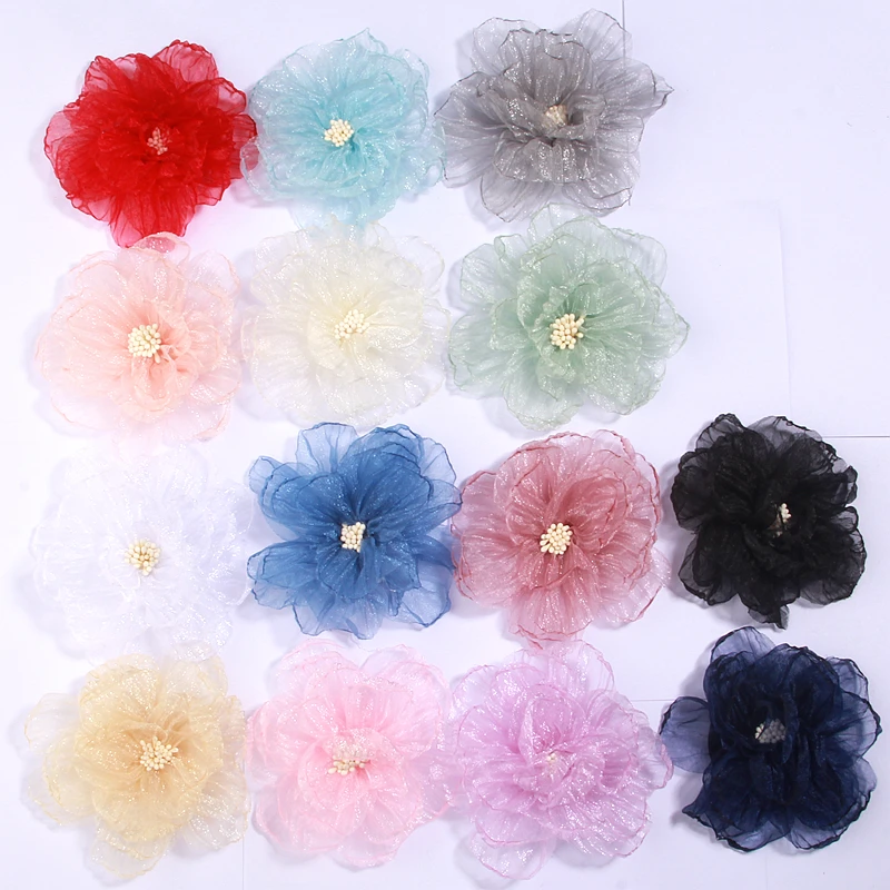 5Pcs 9cm Handmade Chiffon DIY Clothing Flowers for Baby Gilrs Hair Accessories Fabric Flower for Headband Hairpins Heads Jewelry