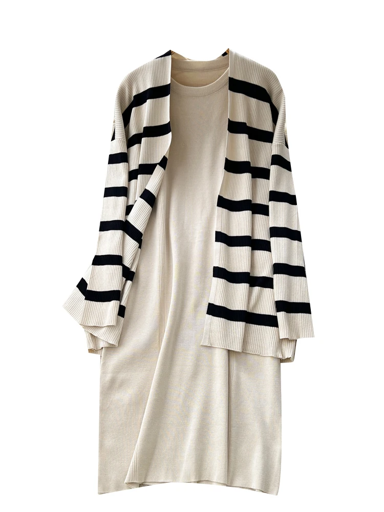 Casual los gebreide Dr en Jaet-set voor dames Svel Long Sve rond Ne Streeppatroon Herfst Winter Faion En...