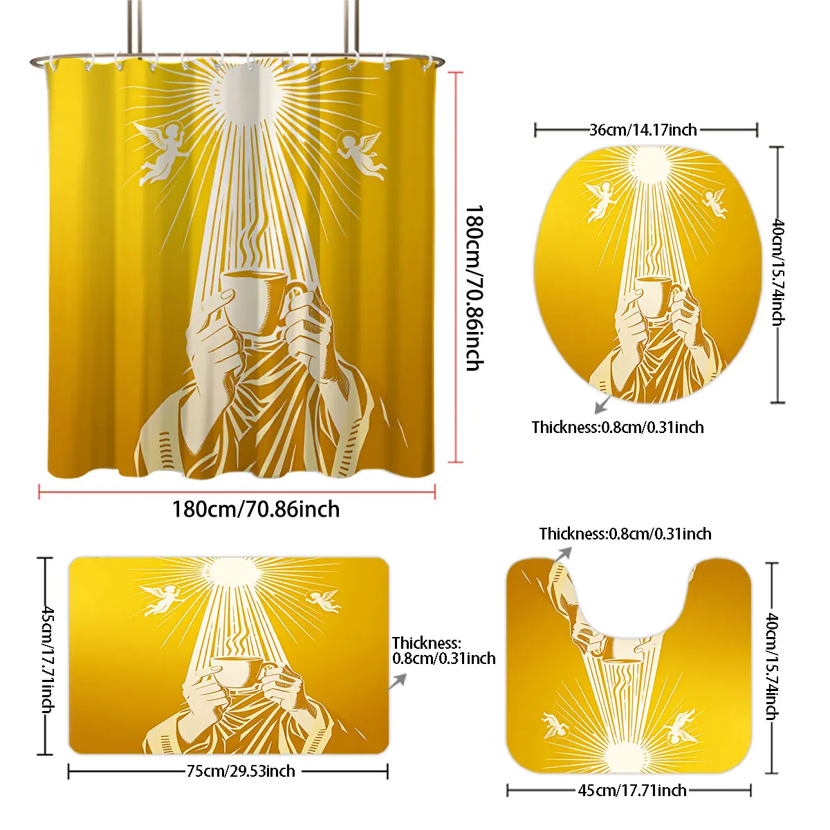 Golden Coffee Cup Angel Print Bathroom 4 Piece Set Luxury Gold Shower Curtain Non-slip Bath Mat Soft Towel Bathroom Decor Set - view 3