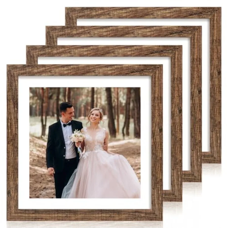 

Набор из 4 фоторамок с закаленным стеклом, деревянные рамки в деревенском стиле для фотографий с паспарту или без, 12x12 дюймов, квадратные.