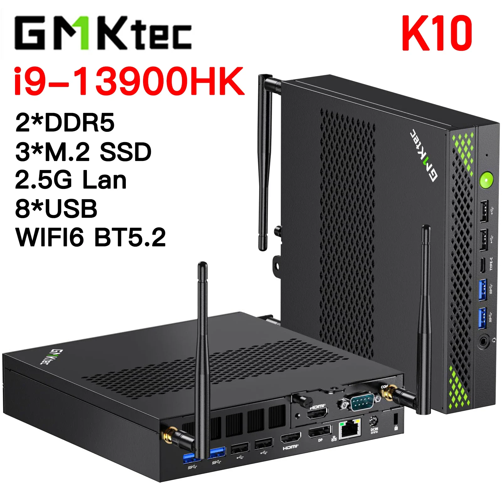 GMKtec K10 كمبيوتر صغير 13th Core i9-13900HK Windows 11 Pro 2 * DDR5 3 * PCIE SSD WIFI6 BT5.2 2.5G Lan ordinateur de Bureau كمبيوتر صغير