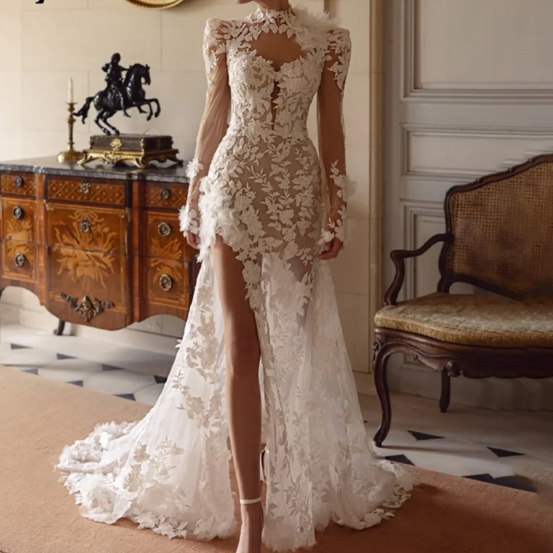 

Sexy Zipper High Neck Bridal Dress Charming Long Sleeve Bridal Gown Flower Applique Wedding Dress Customized