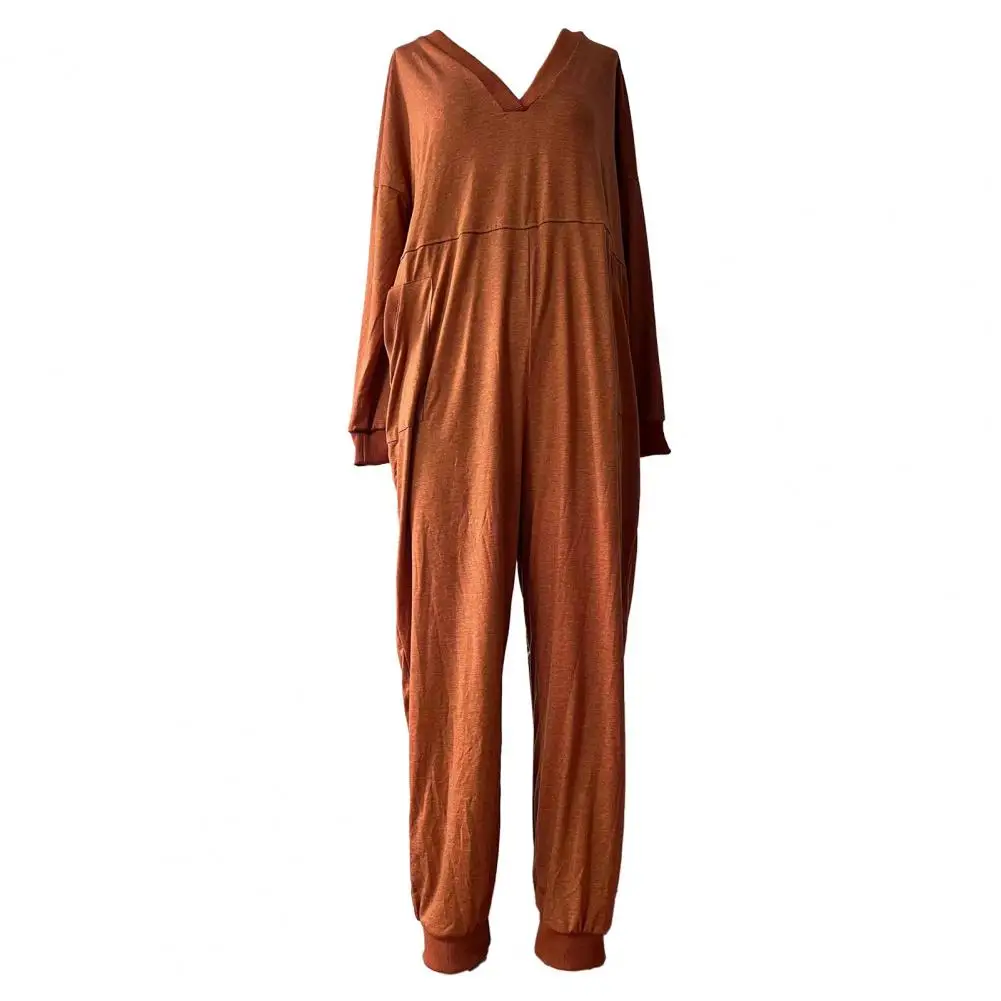 Women Long Sleeve Jumpsuit Cozy V-neck Jumpsuit with Pockets for Women Loose Fit Solid Color Winter Pajama with Crotch Ankle