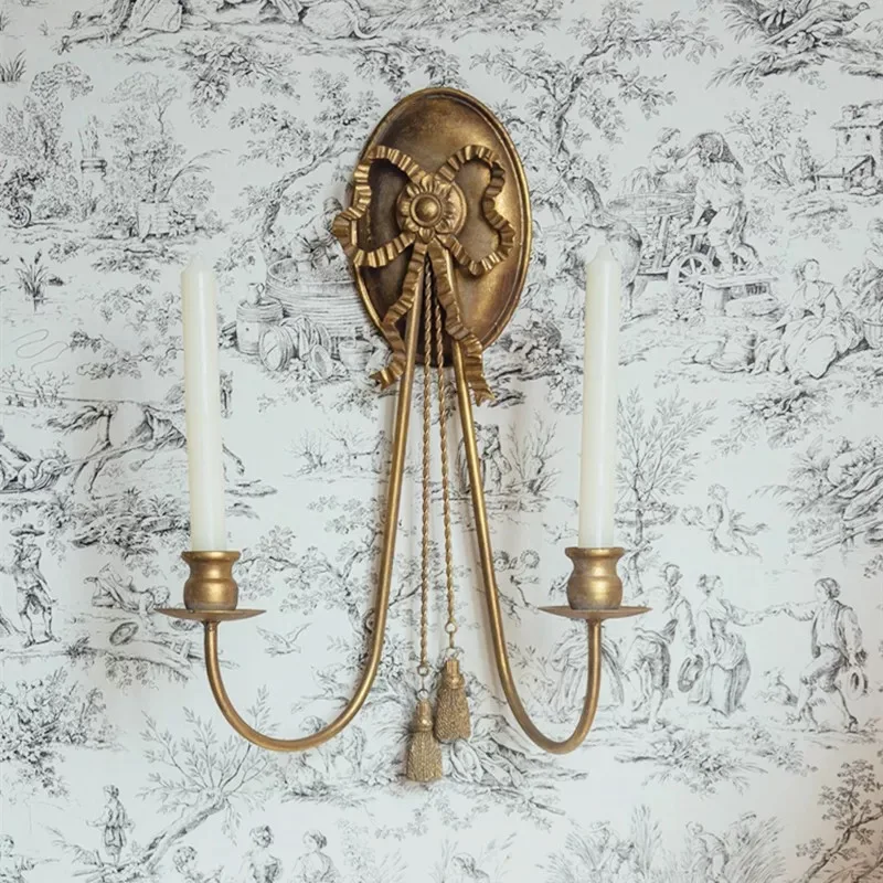 

Vintage Wall Sconce Candle Holder, 2-Light French Style, Gold Bow Design with Tassels, 16.5x12.6 inches