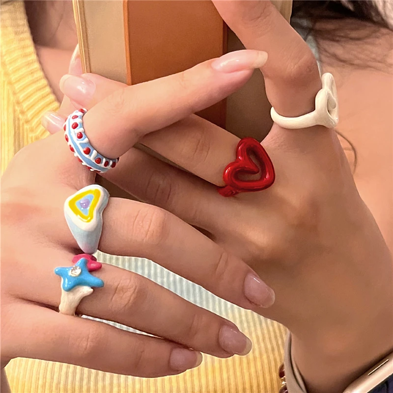 HangZhi Colorful Enamel Heart Sweet Ring Trendy Geometric  Dripping Oil for Women Girls Funny Y2K Chunky Jewelry Summer NEW