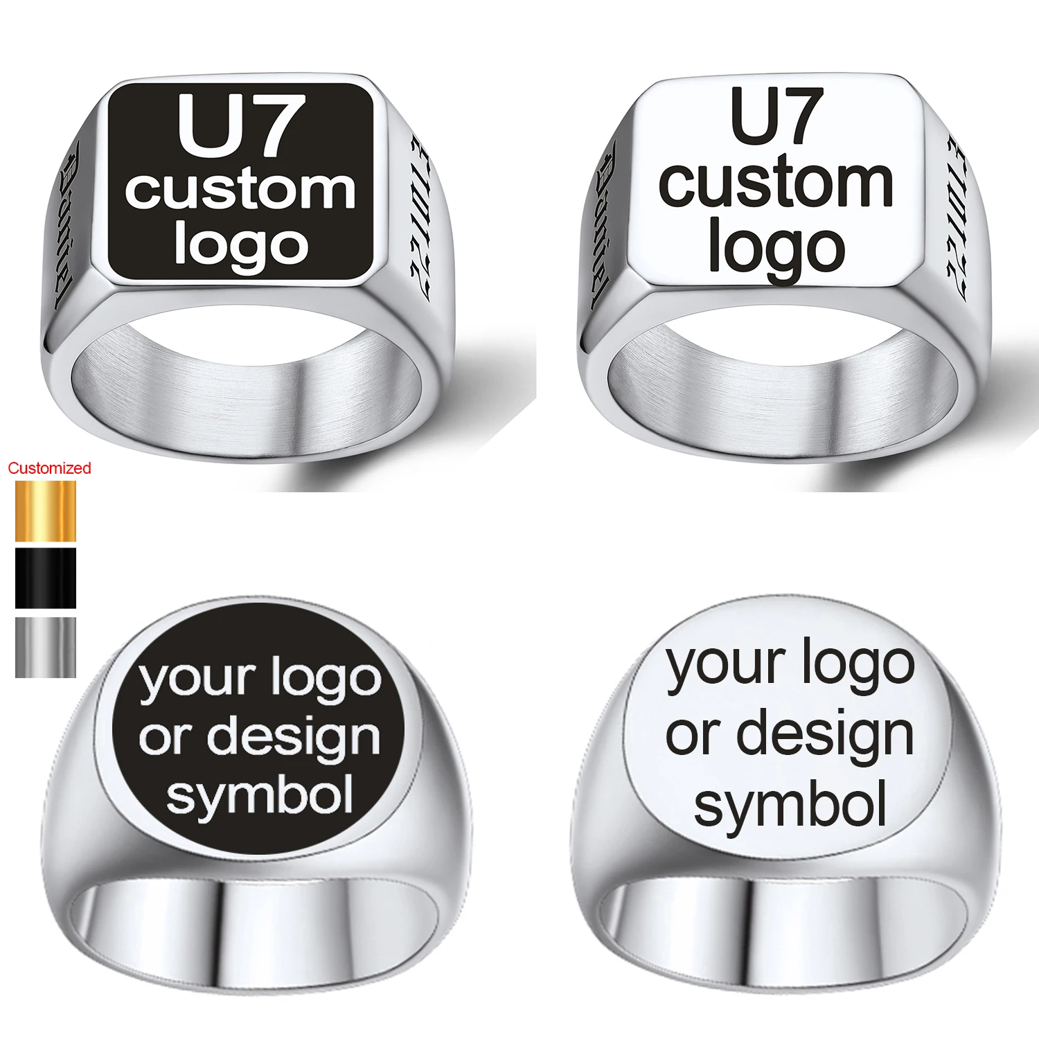 

U7 Custom Stainless Steel Round Square Rings for Man Relief Deep Engrave Black White Symbol Logo Brand Signet Rings Jewelry Gift