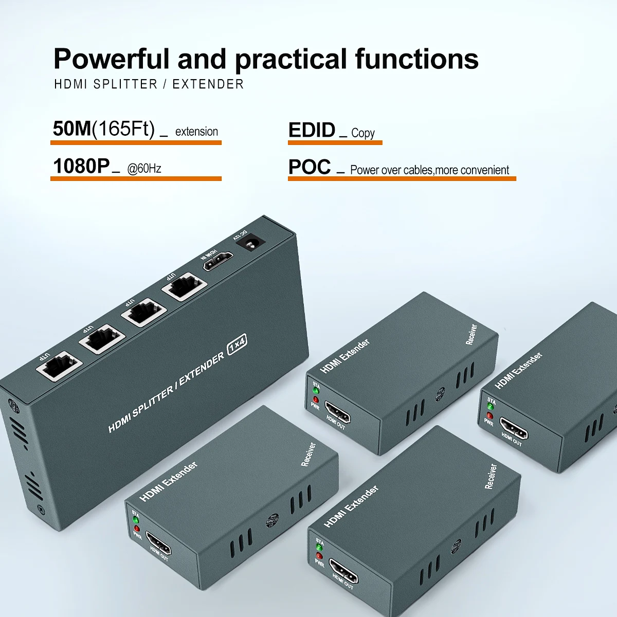 1X 4 HDMI Extender Splitter 1080P@60Hz Over Cat 5E/6/7 Ethernet Cable 50m(165ft) Support EDID Copy POC Function （1 in 4 Out）