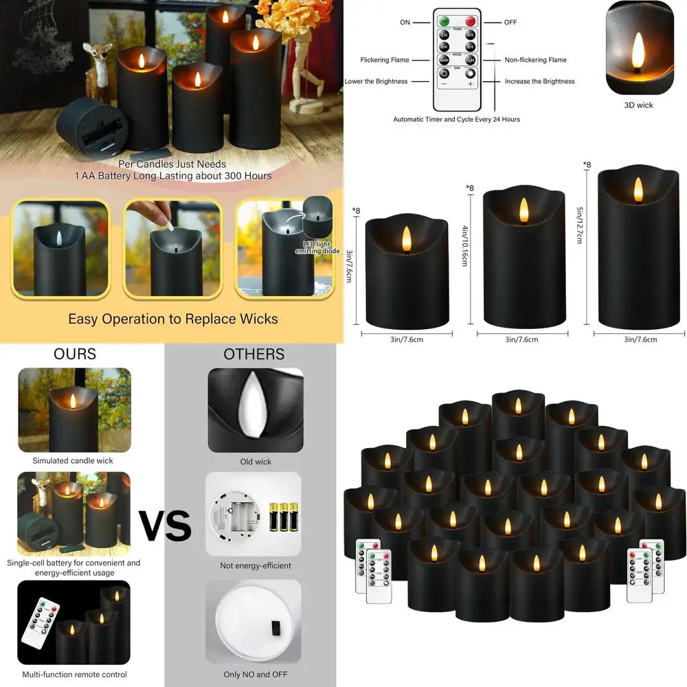 

Набор светодиодных свечей с эффектом мерцания на батарейках, с таймером, 24 шт., разные размеры (3, 4, 5), черные