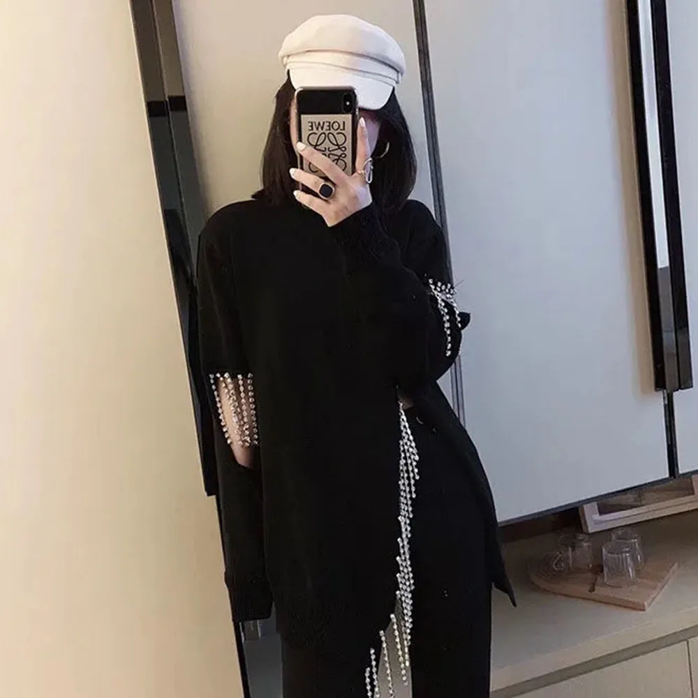 Autumn Winter Black Rhinestone Tassel Women Sweaters O Neck Chain Long Sleeve Loose Slim Irregular Casual Knit Pullover Sweater