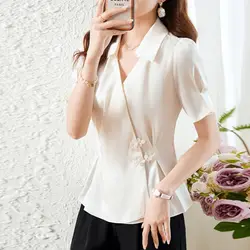 Summer New Women's Solid Color V-Neck Chinese Style Buckle Short Sleeve Fashion Waist Tightening and Slimming Satin Shirt Top