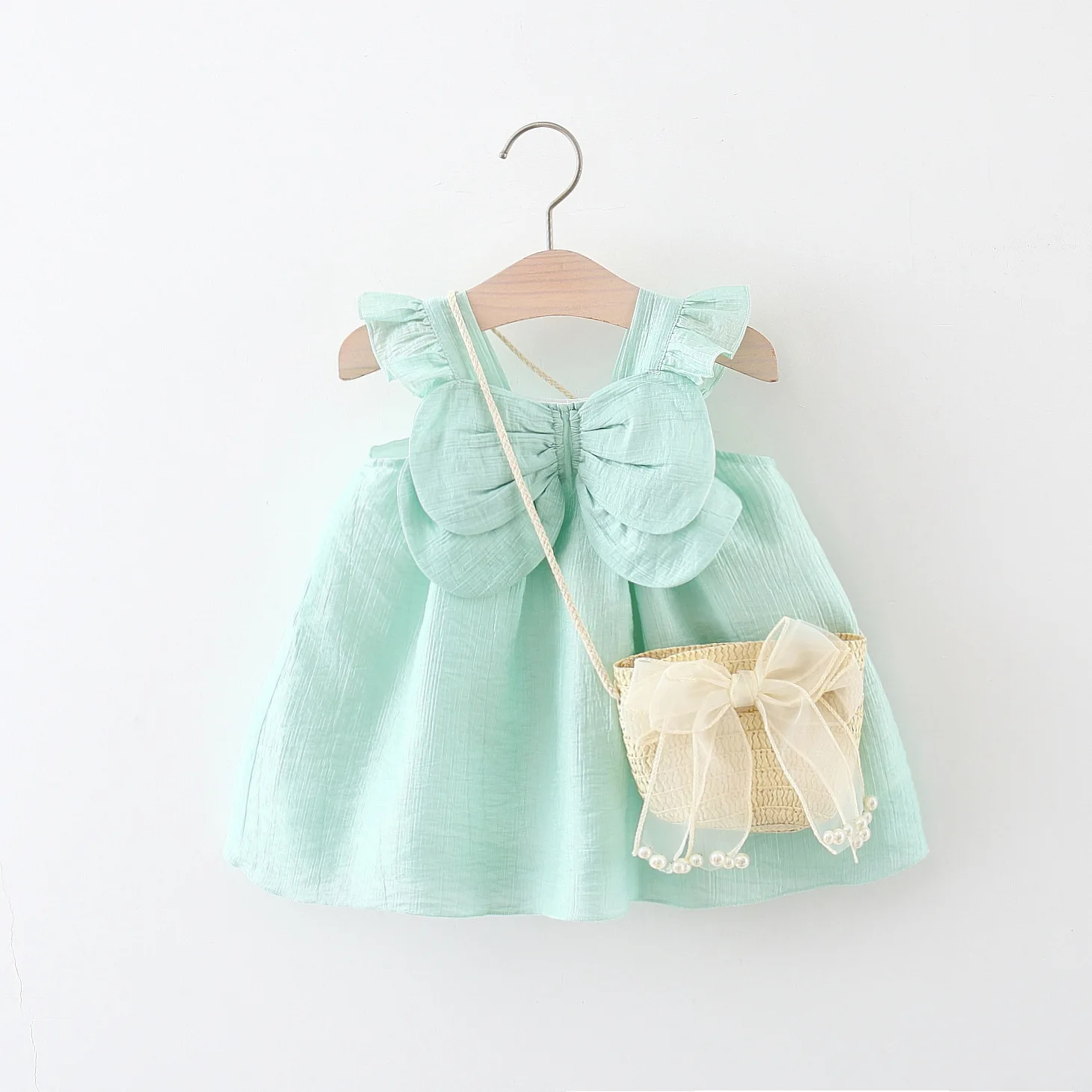 Summer New Baby Girls Dress + Crossbody Bag Bow Halter Small Flying Sleeve Lace This Solid Color Sweet Princess Dress