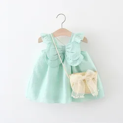 Summer New Baby Girls Dress + Crossbody Bag Bow Halter Small Flying Sleeve Lace This Solid Color Sweet Princess Dress