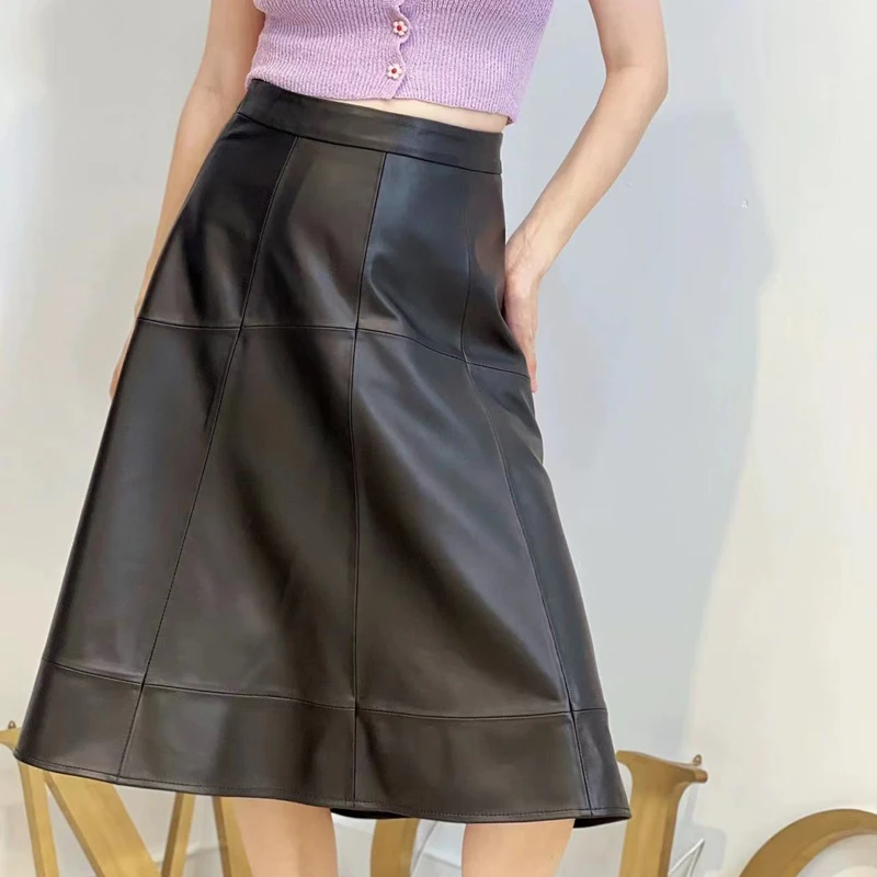 Elegant Purple Skirt For Women Genuine Leather Slim Large Swing Wave Circular Arc  Long Faldas Black Saias Femininas Streetwear