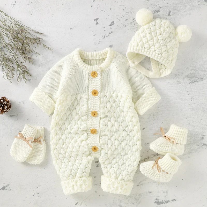 Newborn Baby Clothes Set Knitted Infant Girl Boy Romper +Hat +Gloves +Shoes Fall 4PC Long Sleeve Jumpsuit Outfits +Mitten +Boots