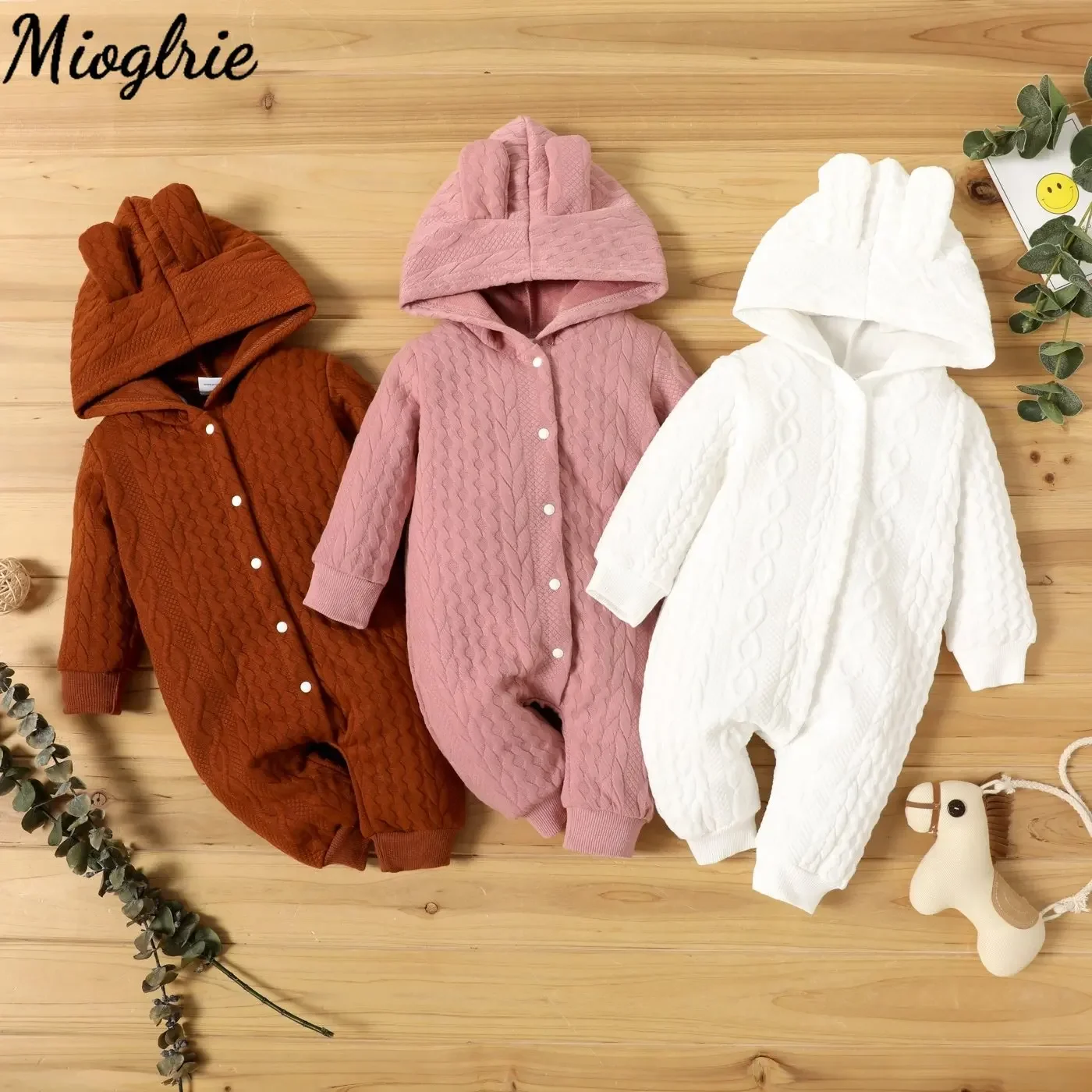 0-18 Month Newborn Baby Romper Boys Girls Cute Ears Solid Hooded Long Sleeve Baby Bodysuit Clothes Infant Autumn&Winter Costumes