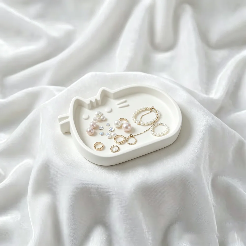 Plateau à bijoux en forme de chat mignon, petit plateau de rangement pour clés, pour coiffeuse, chambre, décoration intérieure, mini-rangement artisanal imprimé en 3D