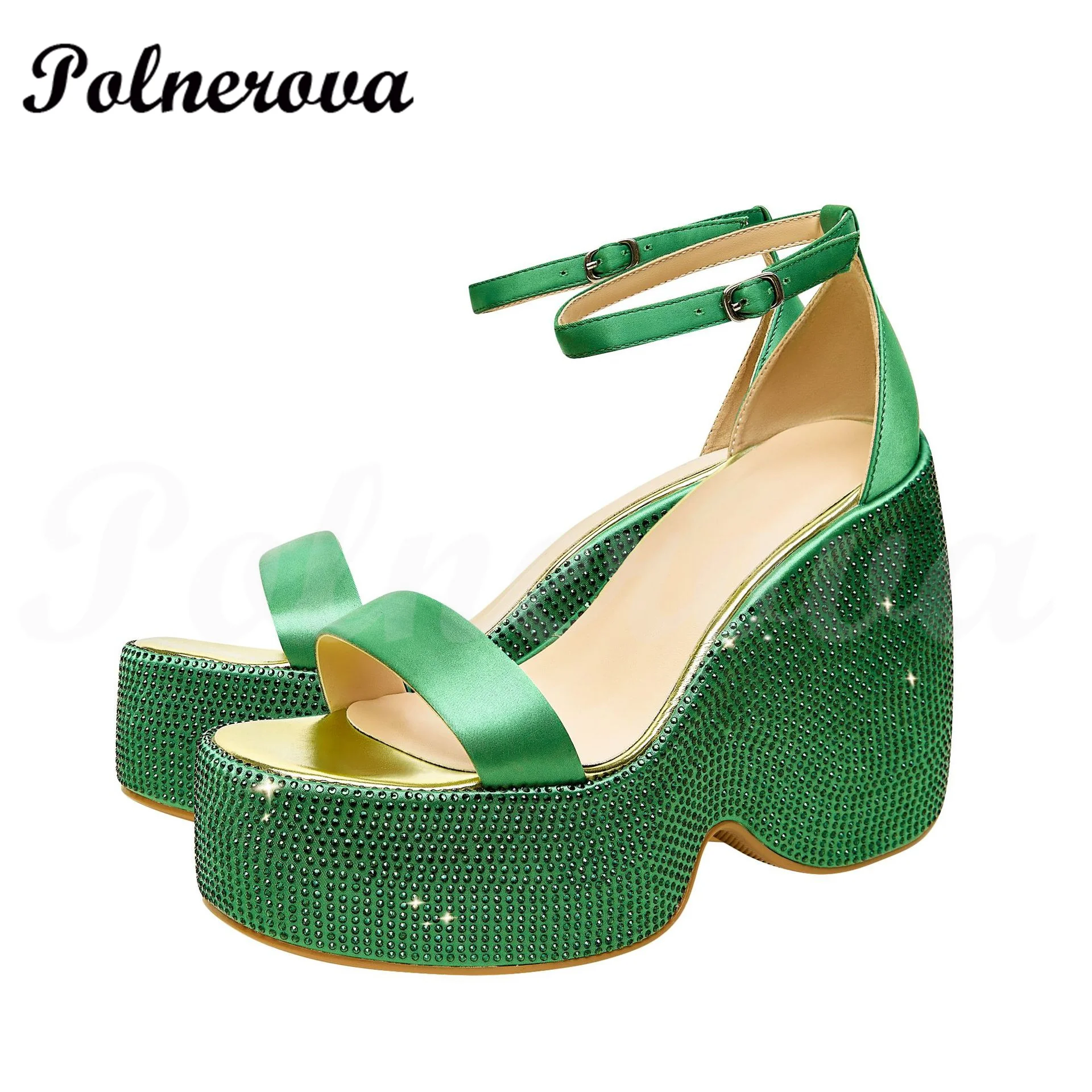 

Green Satin Wedge Sandals with Hot Diamond New Gold Round Toe Buckle with Super High Heel Fashion Catwalk Sandals for Women