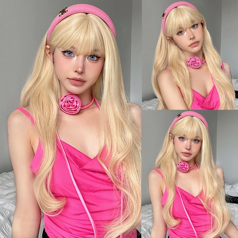 Synthetic Wigs Long Blonde Wavy with Bangs Lolita Cosplay Blonde Halloween Natural Wave Hair Wigs for White Women Heat Resistant