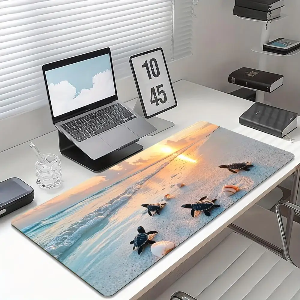 Desk Mat Beach Sunset Sea Turtle Print Anti Slip Rubber Mousepad Stitched Edge Keyboard Pad For PC Laptop Gamers Table Accessory